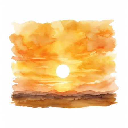 Watercolor Sun, Sun rays, Sunset or Sunrise Hand Drawn Imitation of Watercolor Solar Picture Isolated on White Background, Generative AI Illustrationの素材