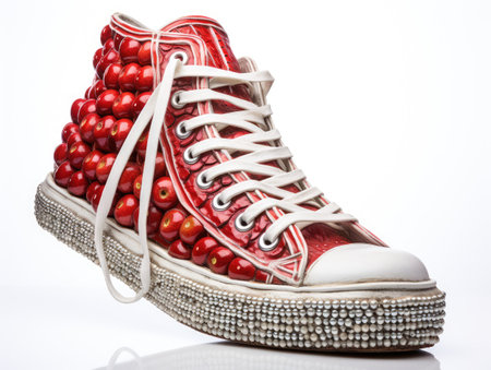 Fantastic Red Apple Shoes Made of Fresh Fruits and Vegetables, Vegan Fashion, White Background, Creative Shoes Concept, Generative AI Illustrationの素材