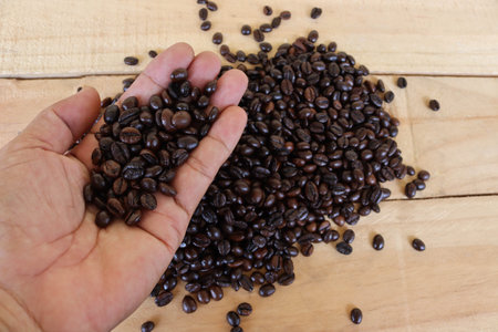 Coffee beans in hand and pile isolated on wooden background closeup.