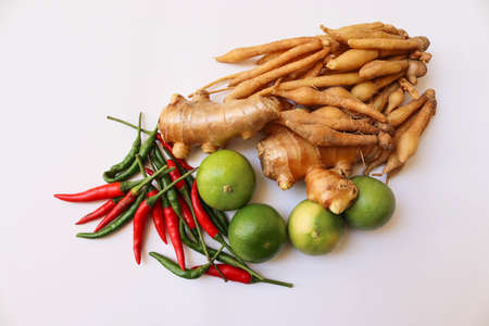 Fresh Kaempferia, galanga tuber, lemons, and chili, herb vegetables isolated on white background closeup.の写真素材