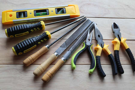 set of construction tools on a wooden background. construction tools on the tableの写真素材