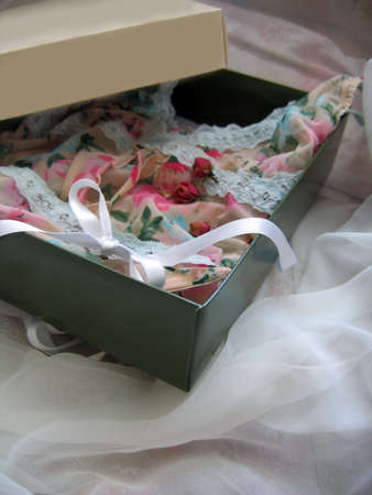 a present box with lacy pink lingerieの写真素材