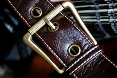Buckle of a female brown leather bagの写真素材