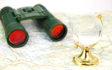 military binoculars, globe and mapの写真素材