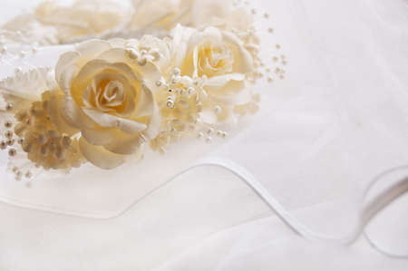textile wedding background with pastel rosesの写真素材