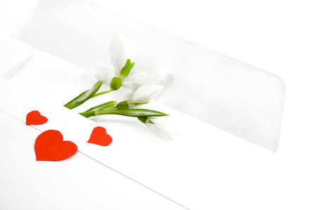 white envelope with snowdrops and red hearts over white