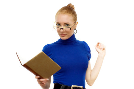 Businesswoman in glasses and notebook over white
