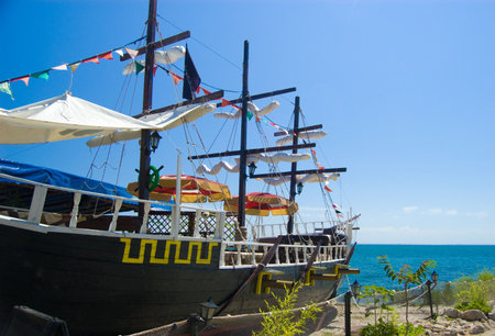 Ship restaurant in background view of sea
