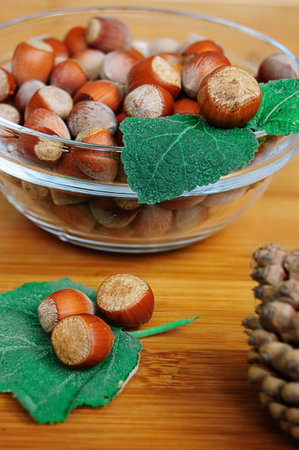 Some hazelnuts on leaf and in plate