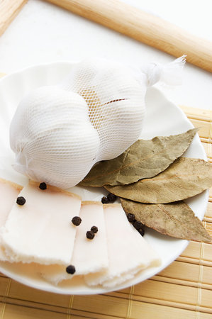 Pork fat with onion and pepper, Ukrainian traditional appetizerの写真素材