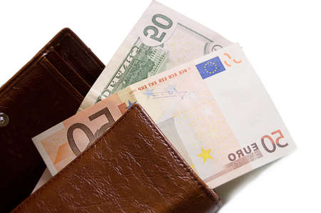 Fifty dollar and euro banknotes in walletの写真素材