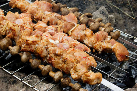Barbecue with grilled meat and mushroomsの写真素材