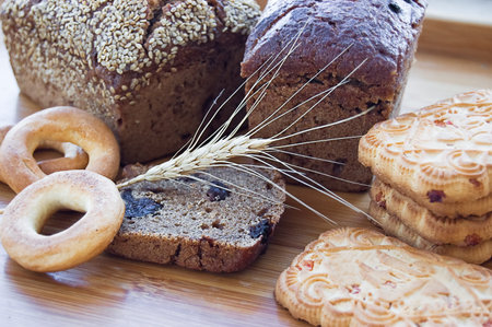 Some kinds of bread, biscuits and bagels with wheat
