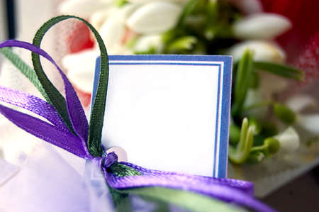 Blank note with ribbons over snowdrop bouquetの写真素材