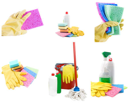 Collection of cleaning products and tools on whiteの写真素材