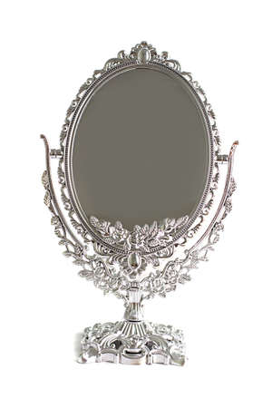 Antique silver mirror isolated on white backgroundの写真素材