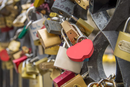 Locks and Keys on Charles Bridge in Prague, blank red lock in focus