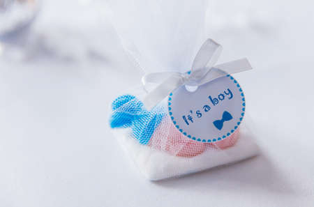 Baby shower blue sweets gift box drawn baby boy on whiteの写真素材