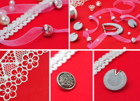 Sewing accessories against the red background.の写真素材