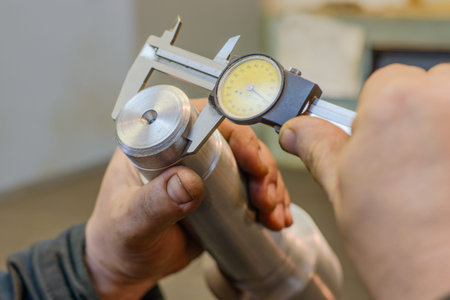 Turner measures the piece with caliper close-upの写真素材