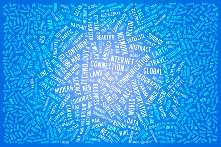 Word cloud concept illustration of international on blue background