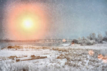 Digital structure of painting. Sunset over the winter evening river in Siberiaの写真素材