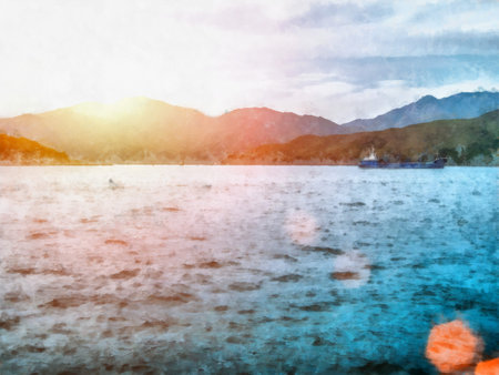 Watercolor landscape. Sailboat at Sea quiet summerの写真素材