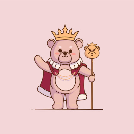 A vector illustration of cute bear king with gold crown, red robe, and king's scepter waving hand charismatic. Suitable for kids themes design, child stuff design, printable, etcのイラスト素材
