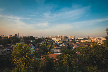 The view from the temple of the golden mount, in Bangkok in the evening.の写真素材