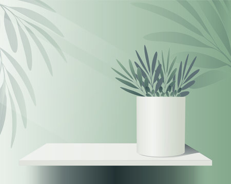 Green realistic background design with shelf, vase, tropical leaves. Minimal scene with platform to show cosmetic product. Podium with home plants for sale, mockup, presentation. Vector 3d renderingのイラスト素材