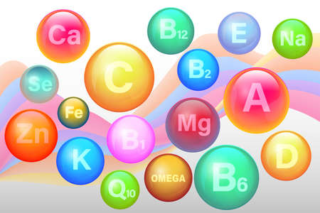 Essential vitamin and mineral complex. Vitamin A, B1, B2, B6, B12, C, D3, E, K1, Calcium, Magnesium, Zinc, Silicon Selenium. 3d mineral supplement set for health. Multivitamin collection icons.のイラスト素材