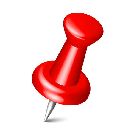 Realistic red thumbtack pin isolated on white background. Plastic 3d push pin, board needle for paper, note or map mark for your design. Vectorのイラスト素材