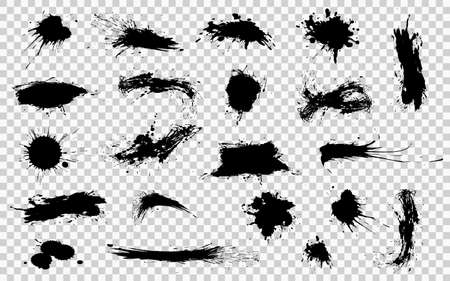 Set of black blots, brush strokes. Vector collection of artistic grungy black hand made creative brush strokes isolated on transparent background. Grunge Design Elements. Vector illustration EPS10のイラスト素材