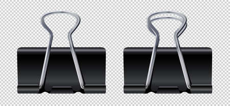 Paper clips set. Black realistic binder clips, metal paper holder isolated on white background. Collection of steel office stationery. Vector 3d illustration EPS10のイラスト素材