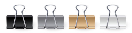 Vector realistic paper clips set Black white gold silver binder clip paper holderのイラスト素材