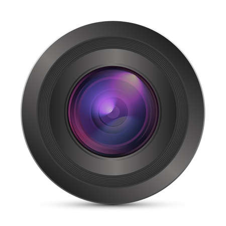 Camera photo lens. Realistic colorful camera lens isolated on white background with shadow. 3d icon front view with flare symbol. Vector illustration EPS10のイラスト素材