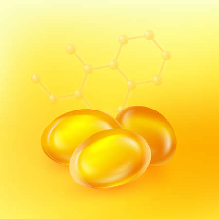 Oil drop vector illustration. Realistic 3d droplet and dna molecule symbol on yellow background. Golden collagen essence. Industrial and petroleum concept. Omega 3 or medical pills label. EPS10のイラスト素材