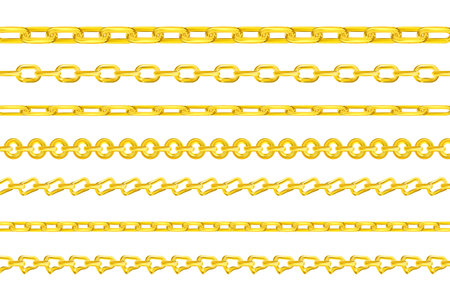 Set of realistic gold chains. Luxury golden links of different shapes for necklace or bracelet isolated on white background. Metallic frames collection. Vector illustration EPS10のイラスト素材