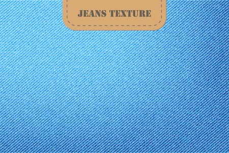Vector background of denim blue jeans texture. Fashion light blue canvas material wallpaper with leather label. Textile clothes surface pattern. Template for poster, banner, flyer. Illustration EPS10のイラスト素材