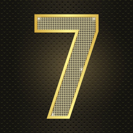 Vector gold number seven. Shining golden number 7 isolated on black background. Seventh year...