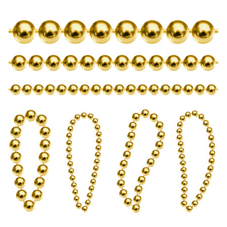 Set of realistic gold chains. Luxury golden beads for keychain, necklace or bracelet isolated on white background. Line and oval shapes for your design. Vector illustration EPS10のイラスト素材