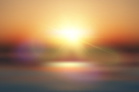 Soft yellow and brown color vector abstract background for webdesign, poster, banner. Horizon with ocean, beach, sky, sun shine and flares. Wallpaper of sunset. Template for summer sale poster EPS10のイラスト素材