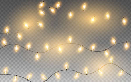 Christmas lights isolated realistic design elements. Glowing garlands for New Year Holiday cards, banners, posters, web designのイラスト素材