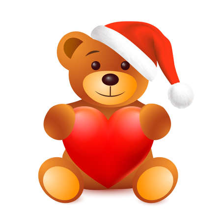Winter cute baby brown teddy bear toy in sitting pose with red heart and in Santa Claus Christmas hat. Isolated vector illustrationのイラスト素材