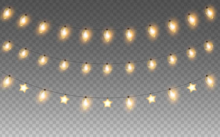 Glowing golden Christmas or New Year garlands string. Light bulbs isolated on transparent background. Vector lights decorations setのイラスト素材