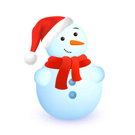 Snowman with Santa Claus hat and red scarf isolated on white background. Winter season. Vector illustrationのイラスト素材