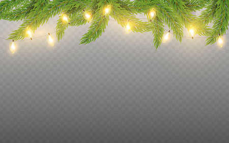 Vector fir branches and Christmas lights. Glowing realistic garland for New Year Holiday cards, banners, postersのイラスト素材