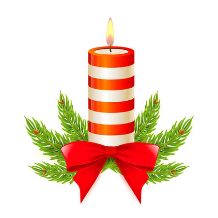 Christmas candle with stripes, bow and fir branches. Design elelement for New Year greeting cards. Isolated and editable vector illustrationのイラスト素材