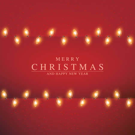 Christmas and New Year lights on red background. Frame with glowing garland for holiday cards, banners, postersのイラスト素材