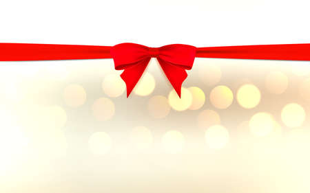 Red bow and ribbon on horizontal white page with sparkles. Vector realistic design template for gift card decorのイラスト素材